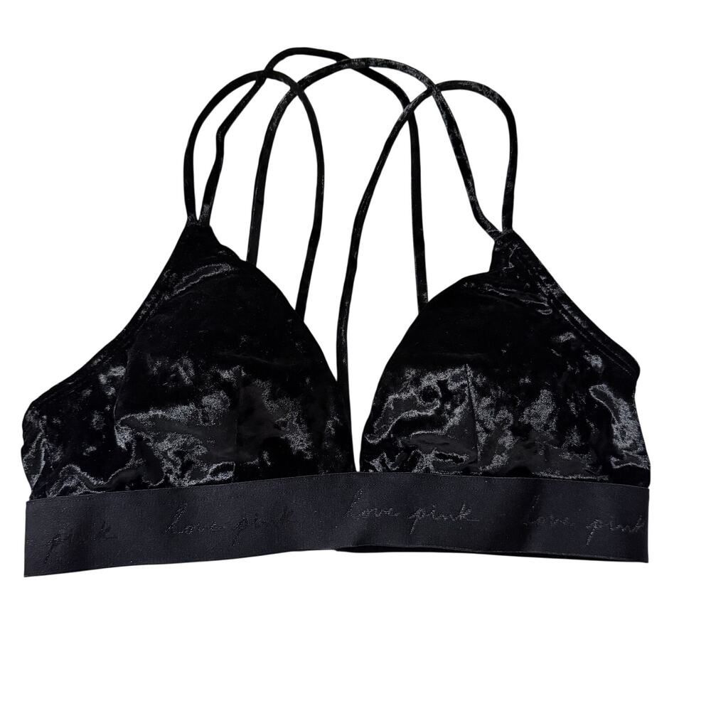 Victoria’s Secret Pink black velvet bralette strappy large lined bra lounge